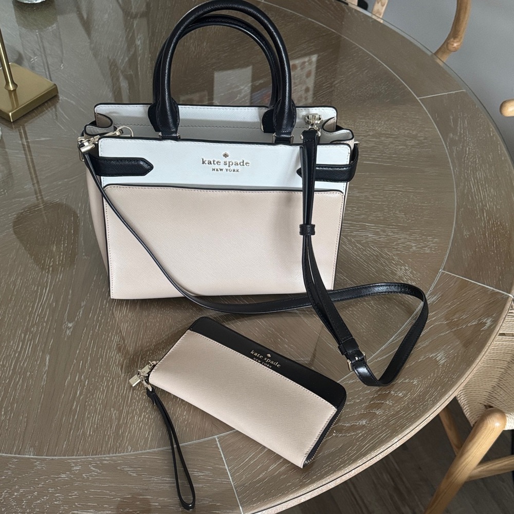 Kate Spade Black White Tan Leather Satchel Purse with Wallet - Picture 2 of 9